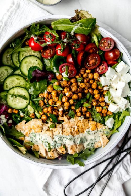 Super Salad with Chicken, Buttery Spiced Crispy Chickpeas, and Herby Tahini-Miso Ranch Dressing