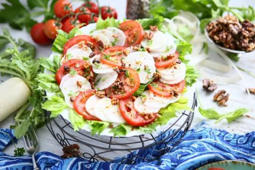 Radish Tomato Salad with Celery Leaves and Walnuts