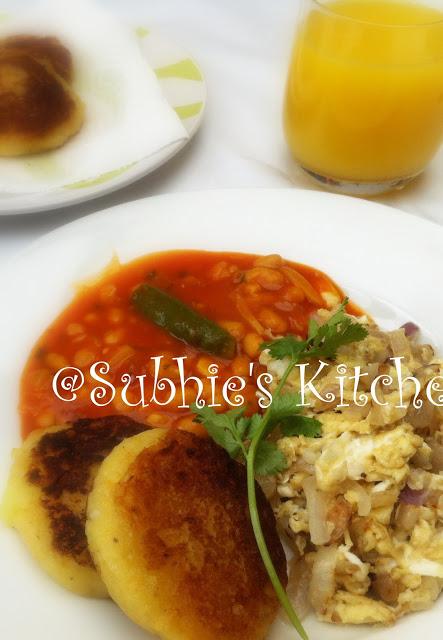 Spiced Up English Breakfast- Aloo tikki,Onion Caramelized Scramble Eggs,and Spicy Baked Beans