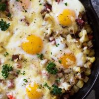 Cheesy Corned Beef Hash with Baked Eggs